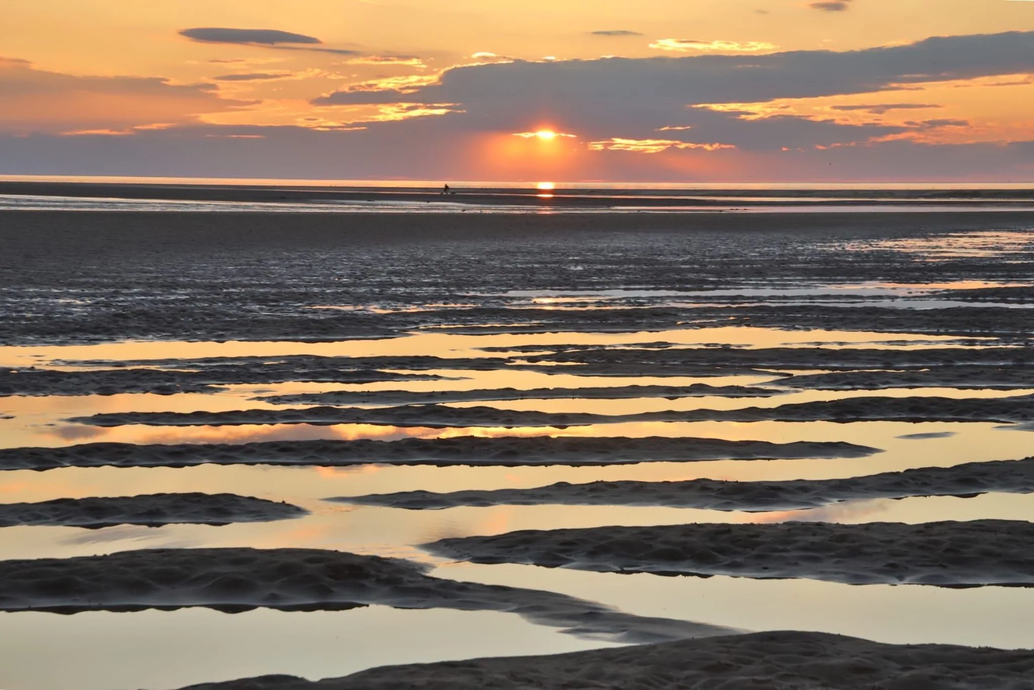 Sunset over the tidal flats at Wells with channels of water reflecting the golden sky
